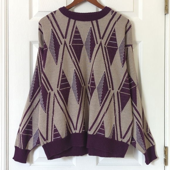 Aspetuck Trading Co. 90's Vintage Funky Knit Crewneck Sweater Taupe Purple XL - Picture 1 of 12